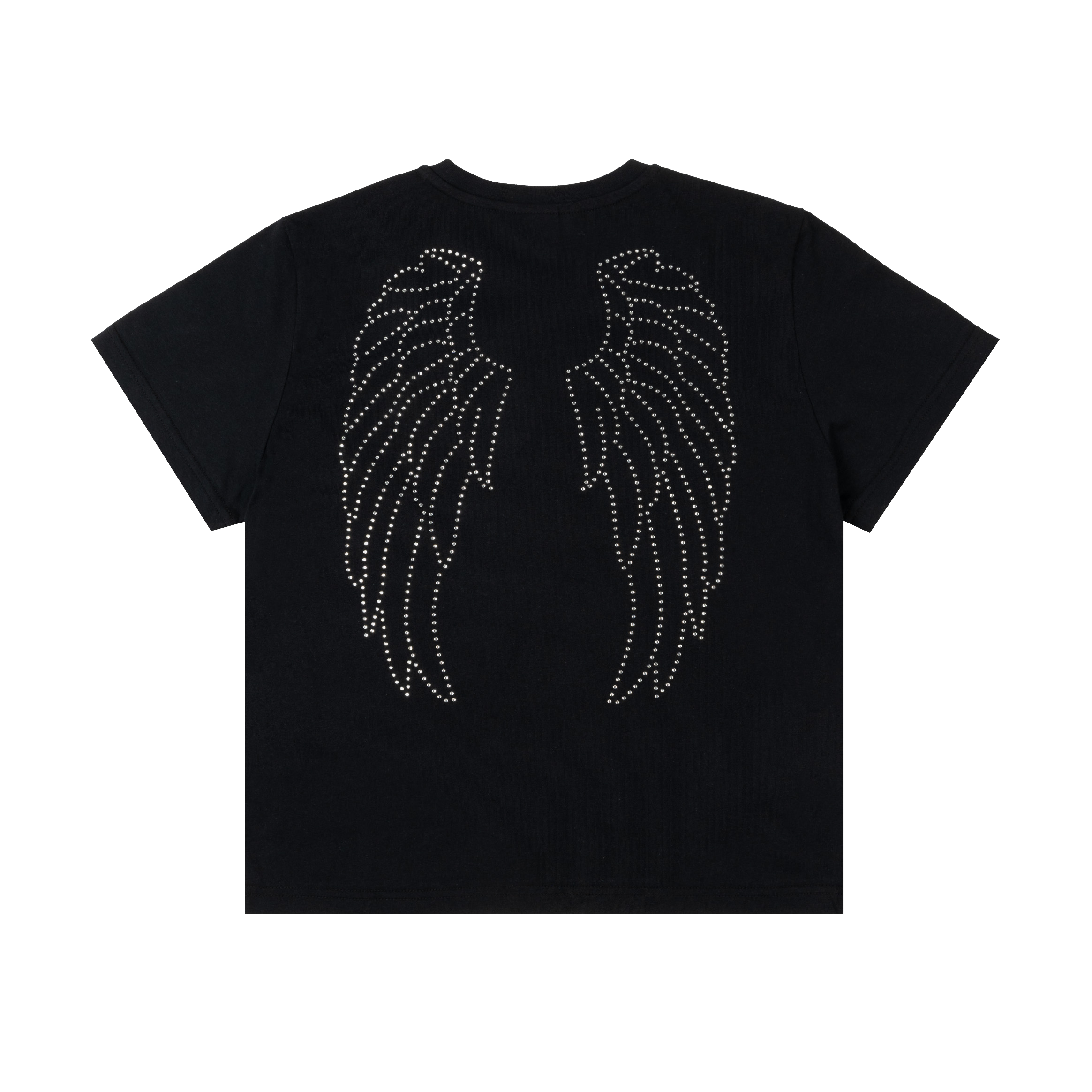 Black t-shirt featuring an angel graphic and decorative studs.