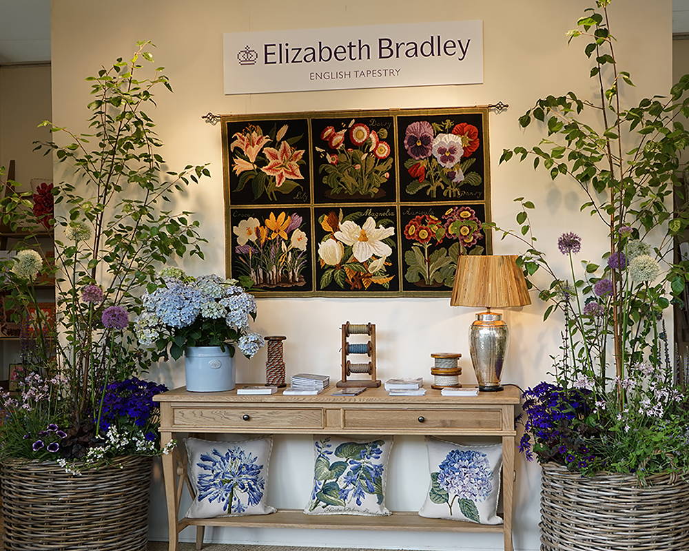 Hanging tapestry at the Elizabeth Bradley Chelsea Flower Show booth