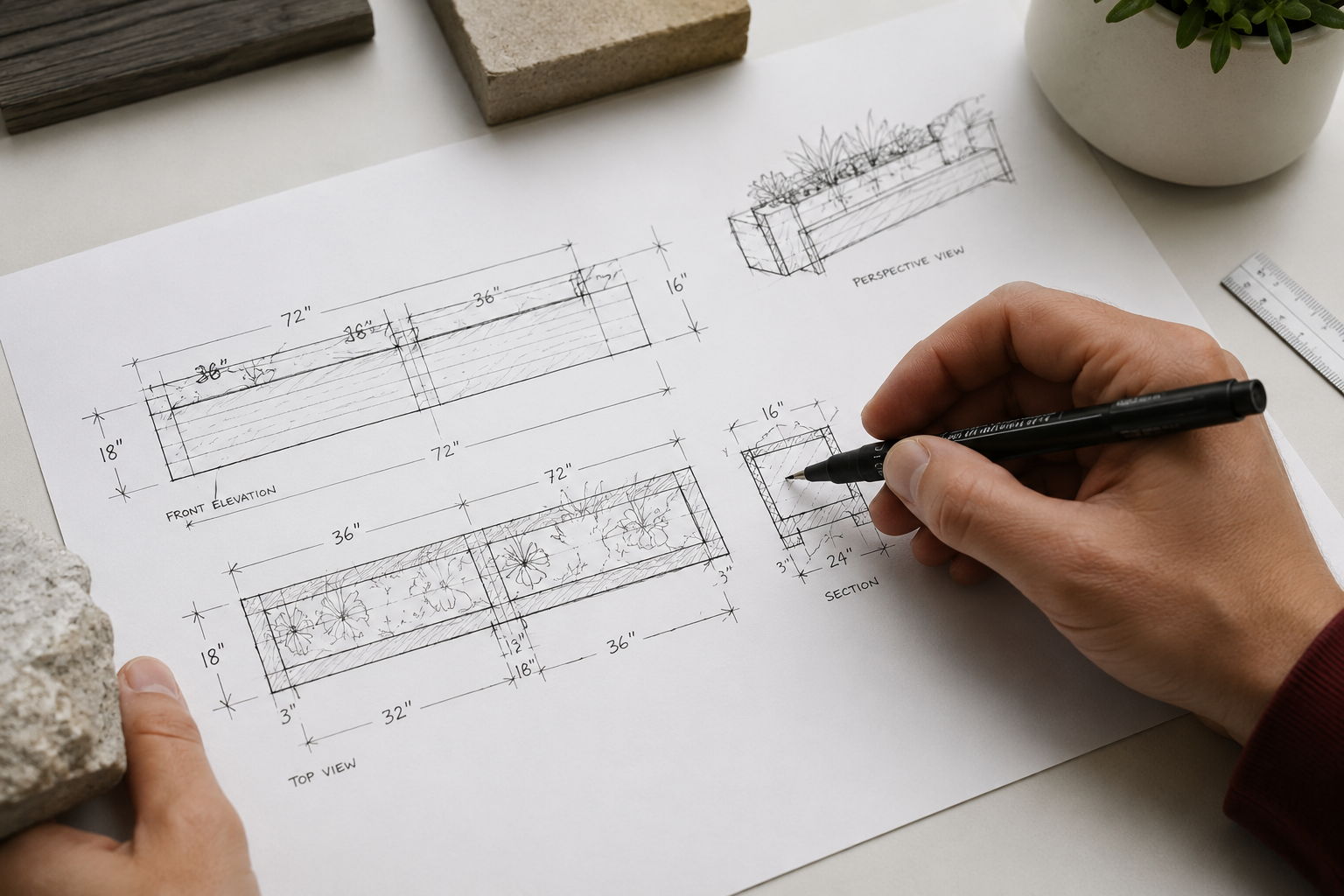 A person drawing architectural plans on paper with a pen.