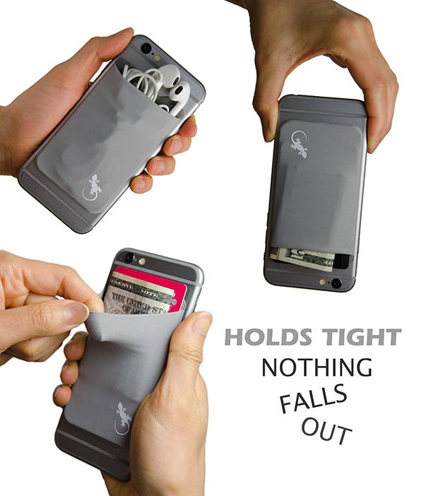 Adhesive Phone Wallet by Gecko hold credit cards, cash and earphones.