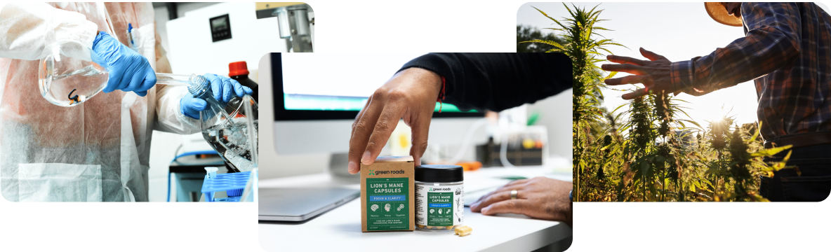 Collage of our pharmacists, Green Roads Lion's Mane Capsules and hemp farm
