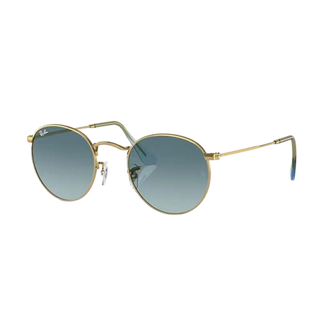 Gold-framed round sunglasses with gradient blue lenses.