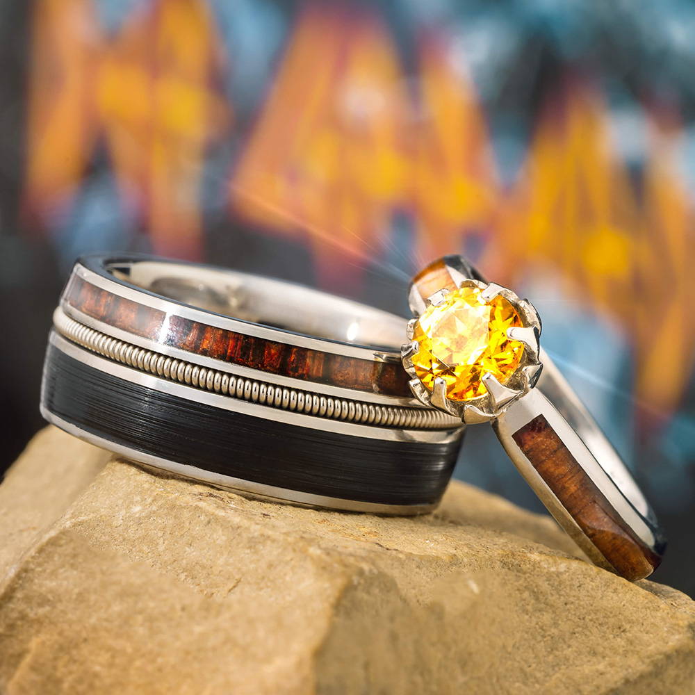 Classic Rock Wedding Rings with Vinyl, Guitar String, and Wood