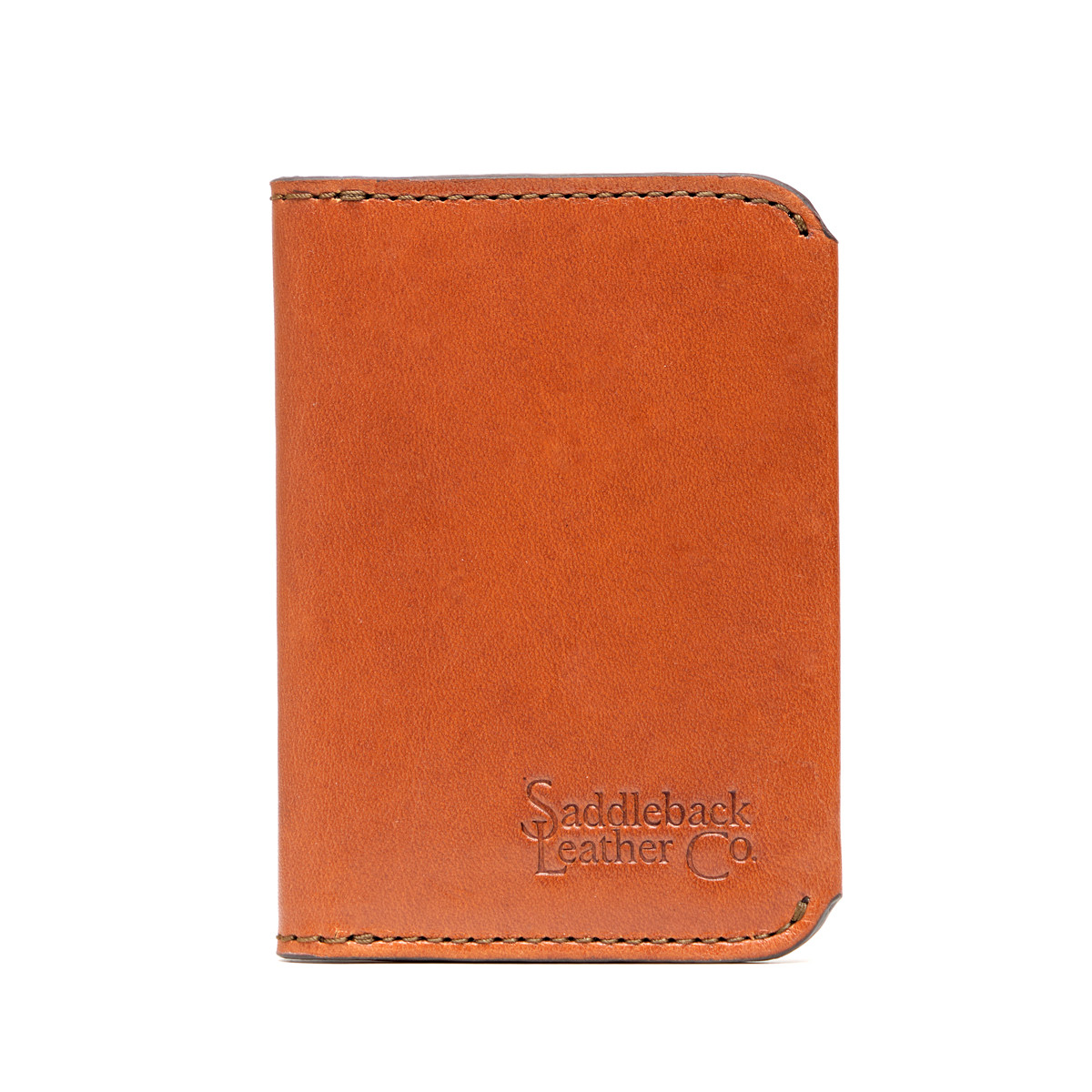 Brown leather wallet with embossed branding on the front.