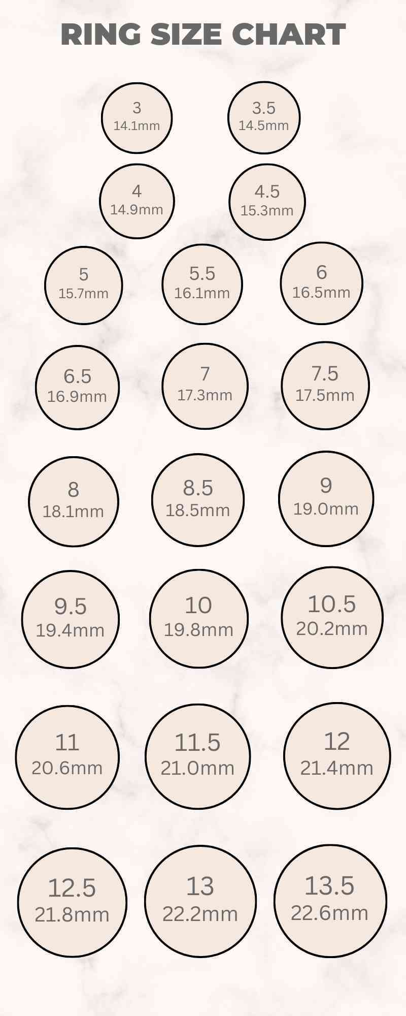 A ring size chart displaying different ring sizes in millimeters or inches. The chart includes a range of sizes from small to large and can be used as a reference to determine the appropriate ring size for an individual's finger.