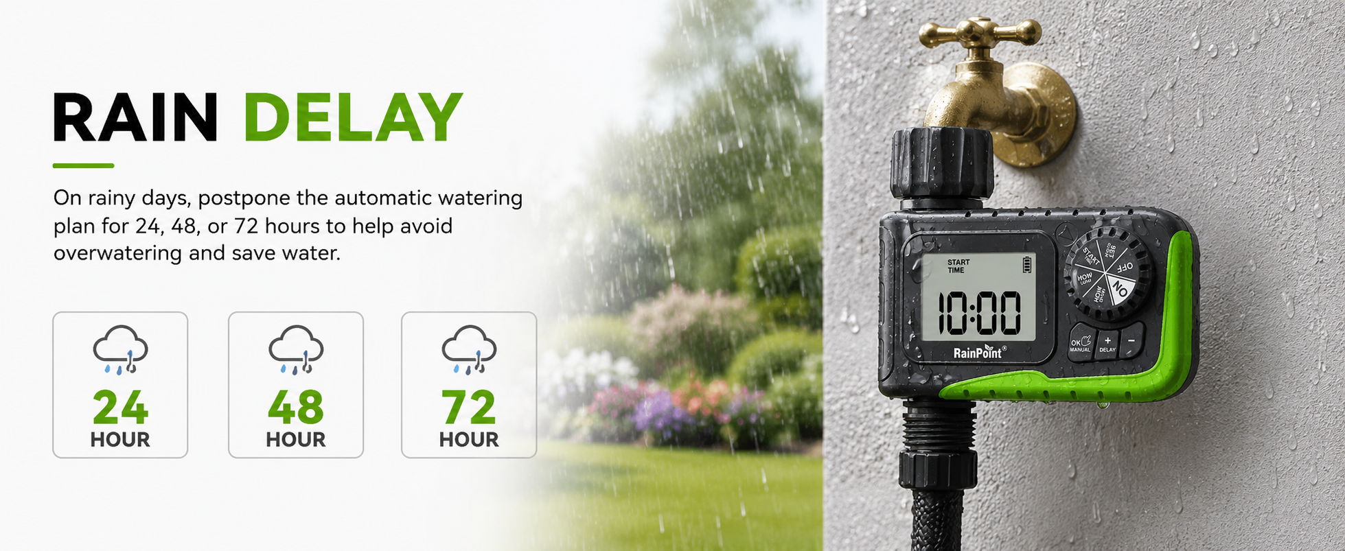 Rain delay device attached to a hose faucet with garden background.