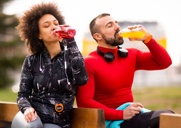 Two people sitting and drinking beverages 
