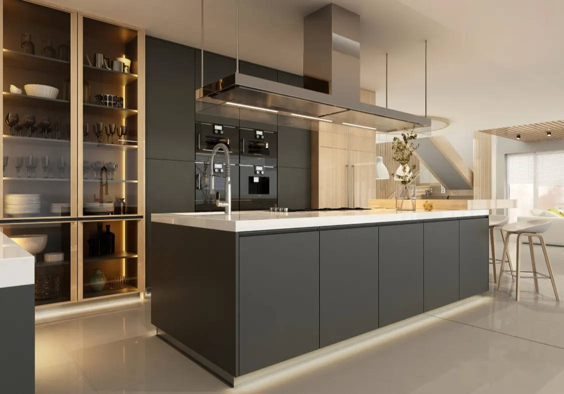 Modern kitchen with island and cabinet and toe kick lighting using LED Strip Lights