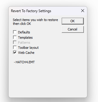 Revert To Factory Settings dialog with Web Cache only selected
