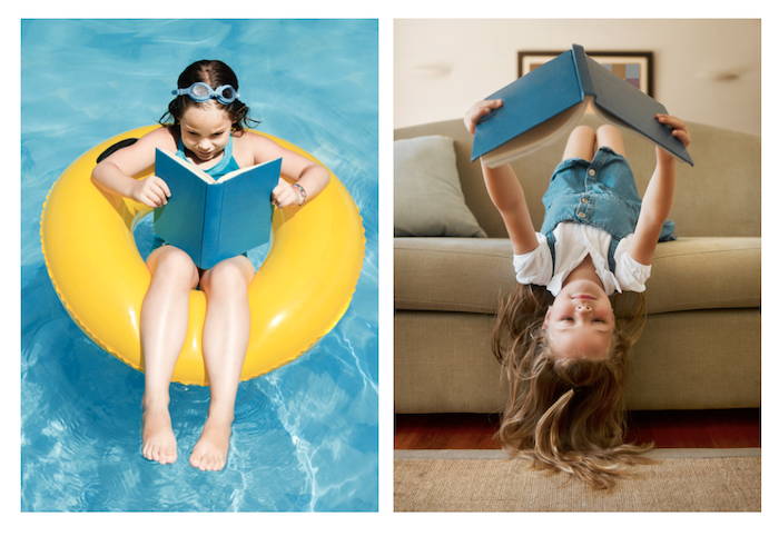Reading in a pool and upside down on a sofa