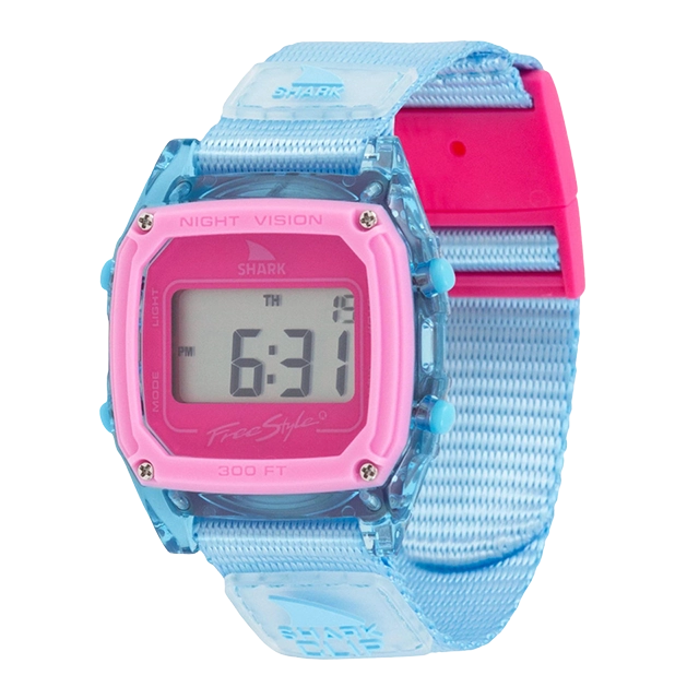 Digital wristwatch with a blue and pink design, displaying the time 6:31.