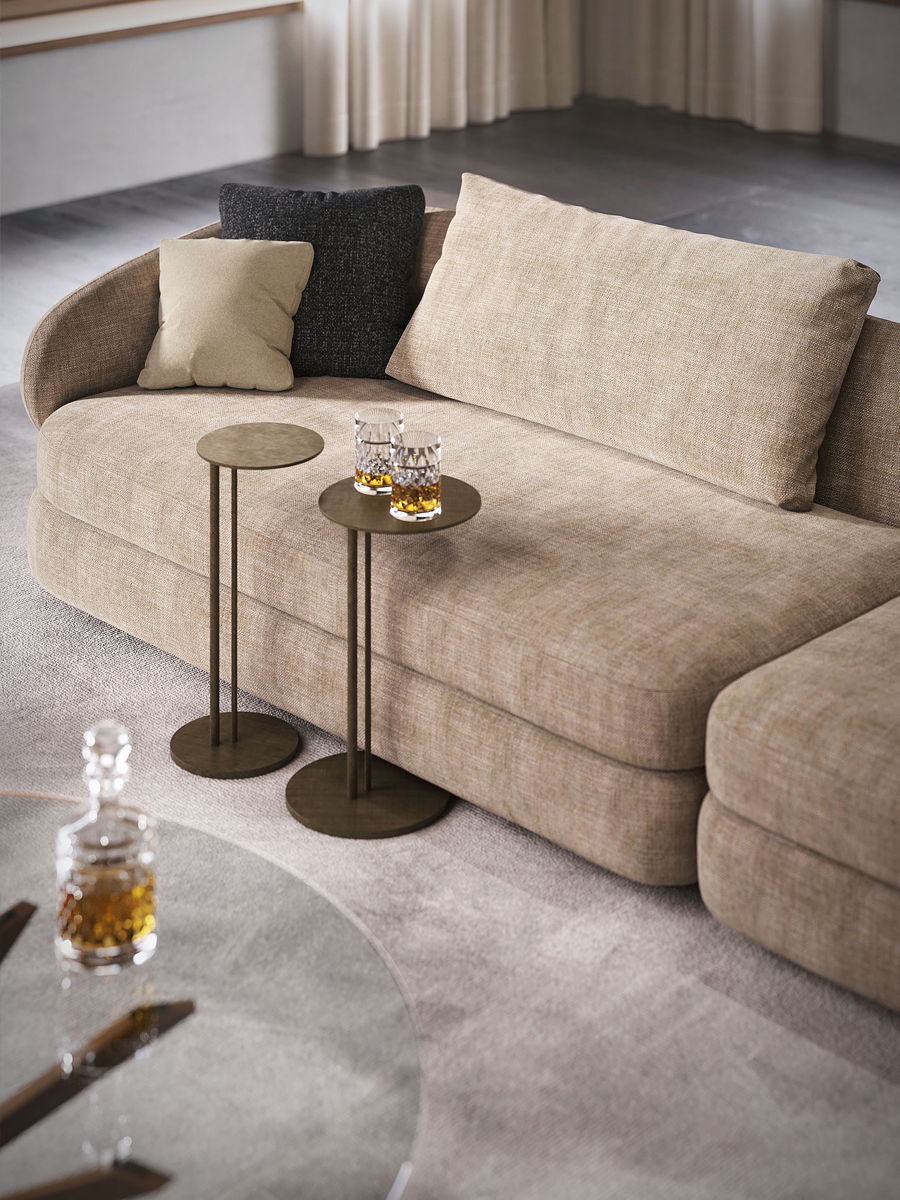 Cozy beige Craig sofa by Cattelan Italia with side tables and drinks in a modern living room.