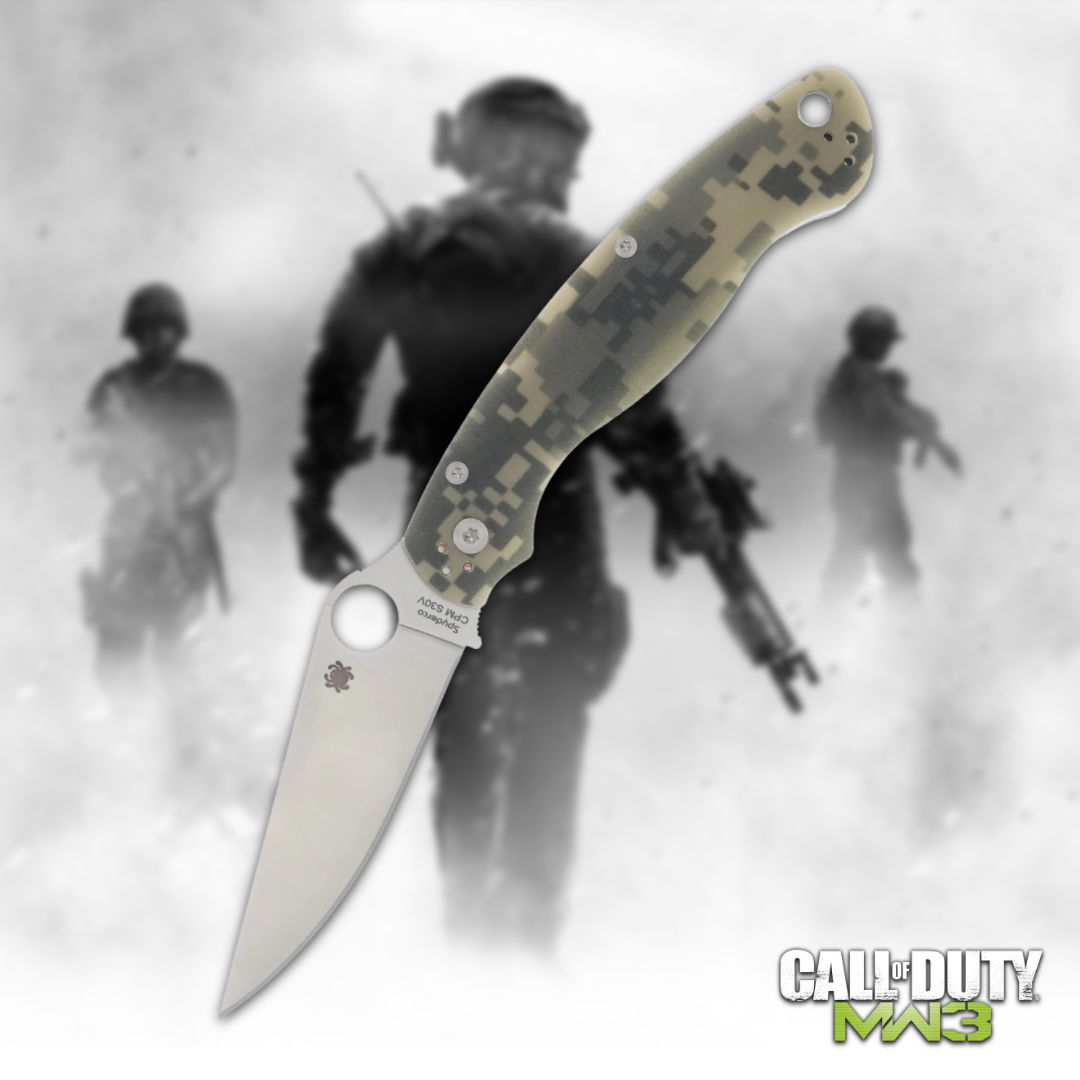 A knife with a camo handle in a gaming background.