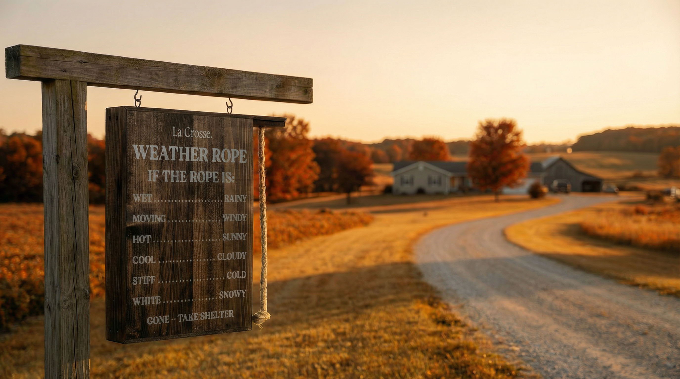 A rustic Fall scene of the La Crosse Weather Rope by a winding road at sunset.