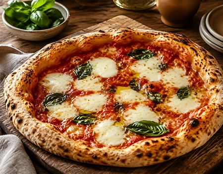 A freshly baked Margherita pizza with mozzarella and basil.