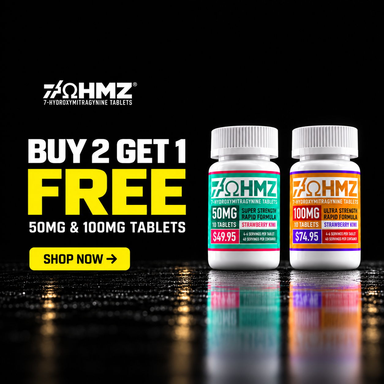Bottles of supplements with a promotion: Buy 2 get 1 free.