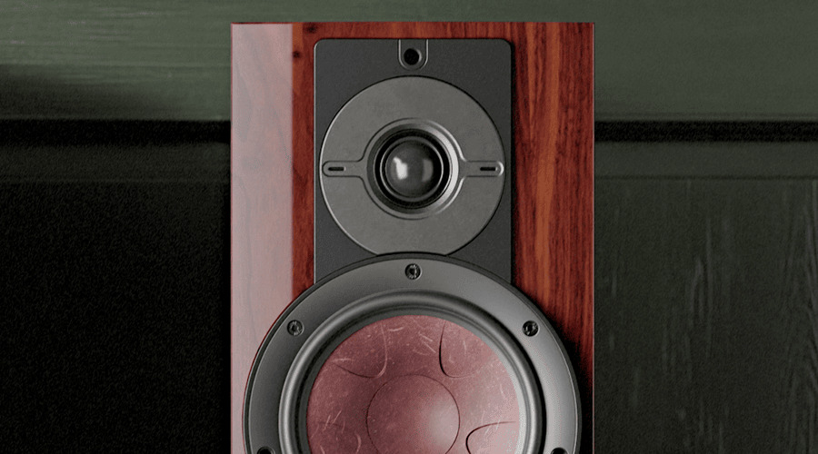 Wooden speaker with a tweeter and woofer.