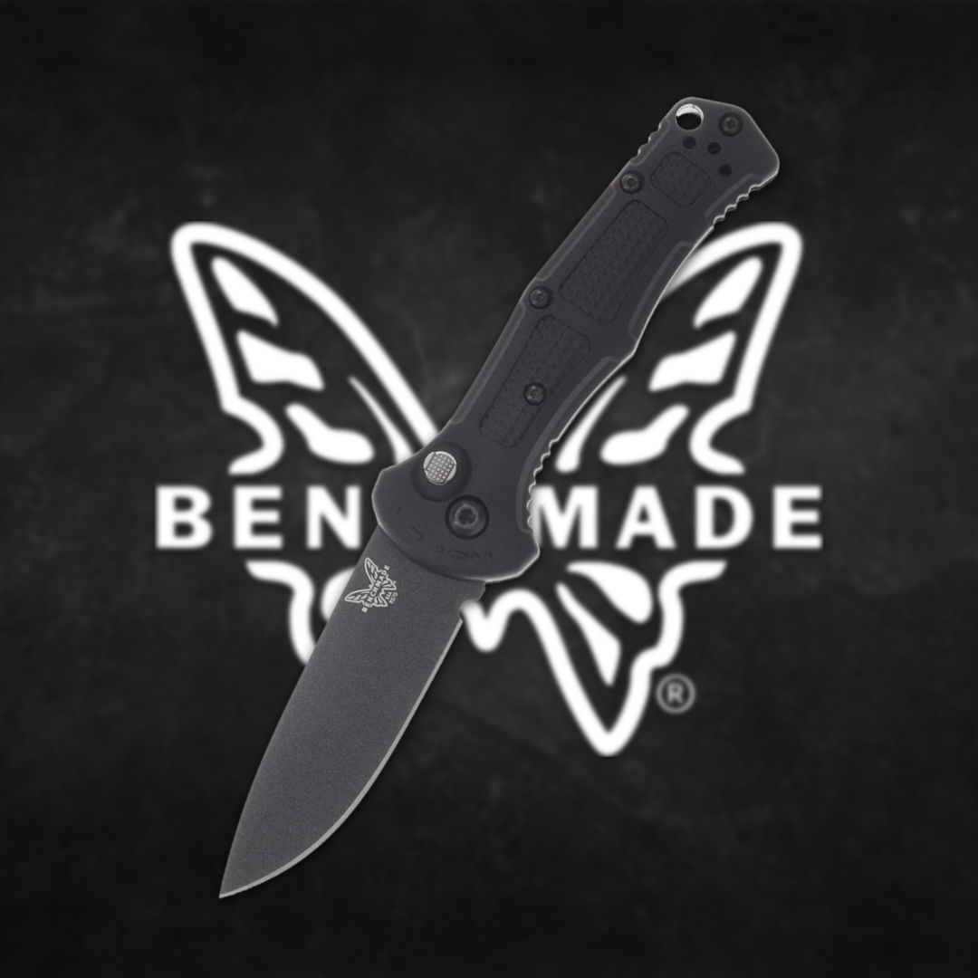 Black folding knife in front of the Benchmade logo.