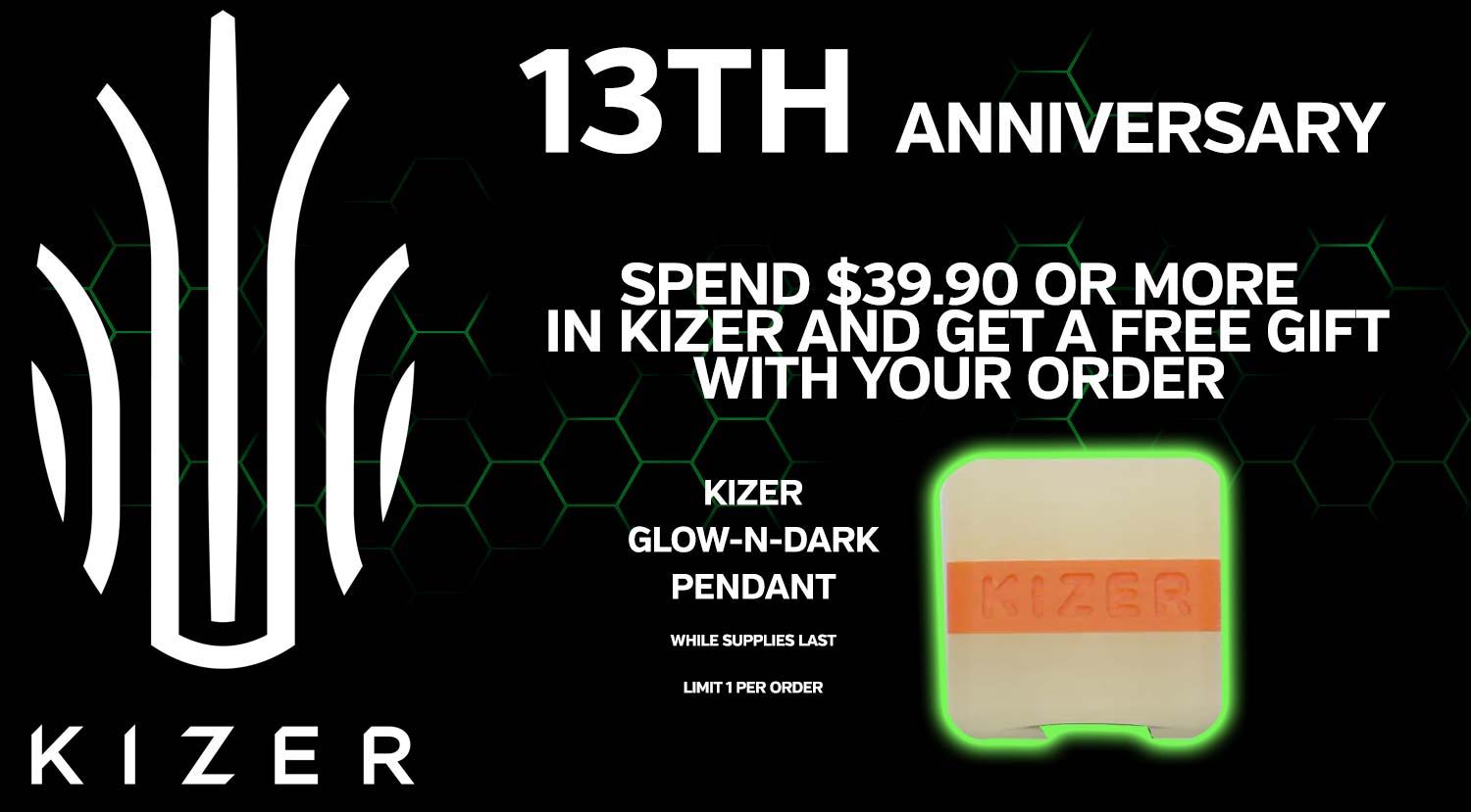 Kizer 13th Anniversary promotion for free gift with $39.90 purchase.