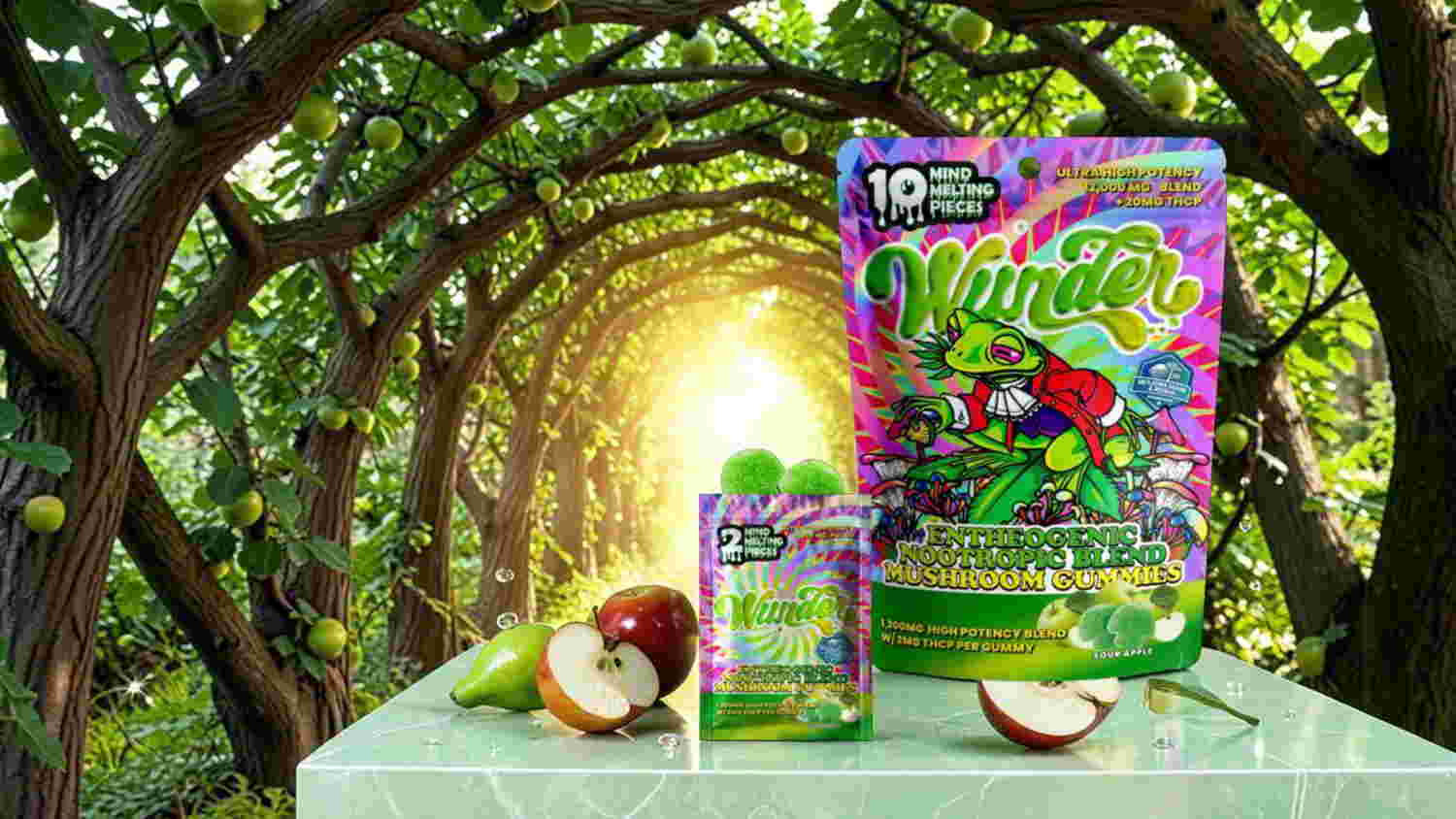Colorful product packaging in a lush orchard setting with apples.