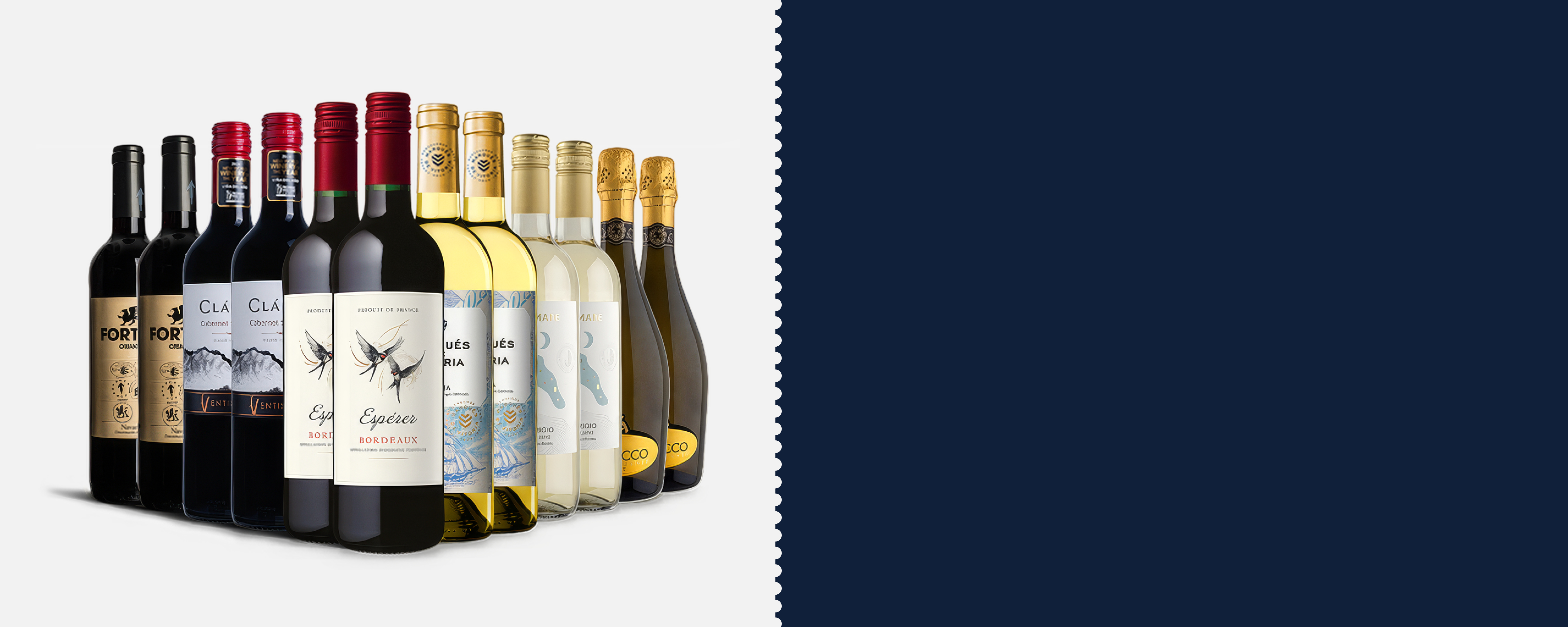 Assorted wine bottles displayed against a dark blue background.