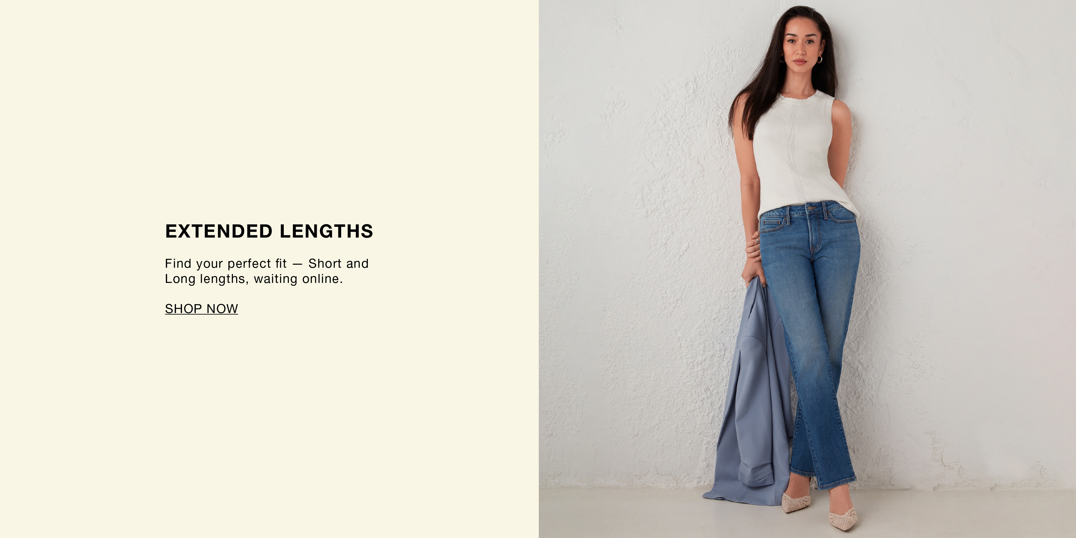 Model wearing a sleeveless top and wide-leg jeans against a plain background.
