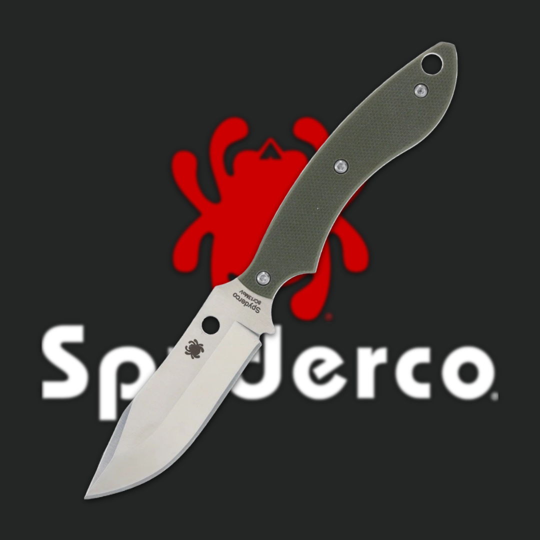 Spyderco knife with a gray handle against a black background.