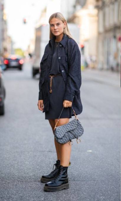 Montreal Fashion Trends: Dress with an oversized jacket paired with dr.martens footwear