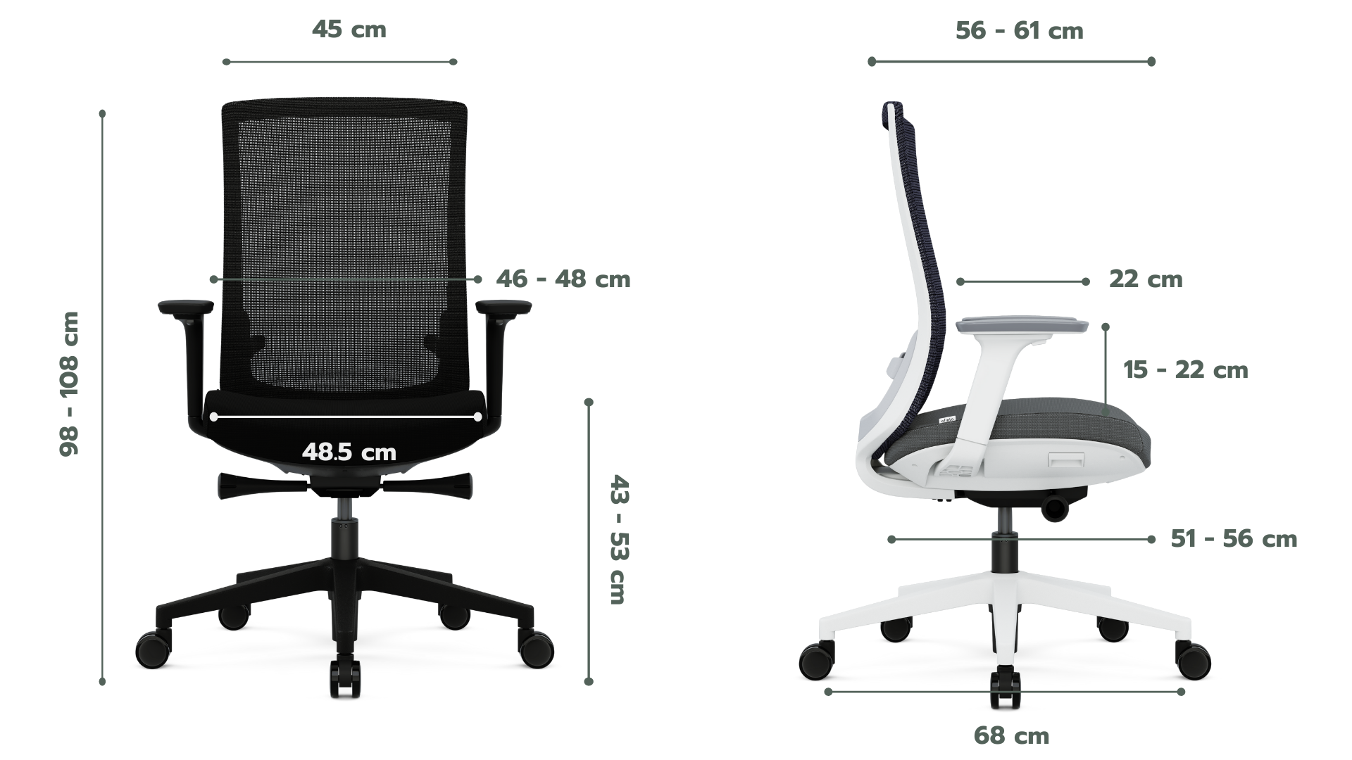 Les dimensions de la chaise de bureau ergonomique Ergo d'ofinto
