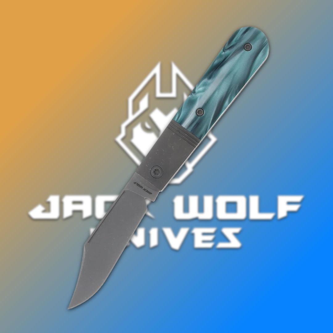 A folding knife with a blue handle on a gradient background.