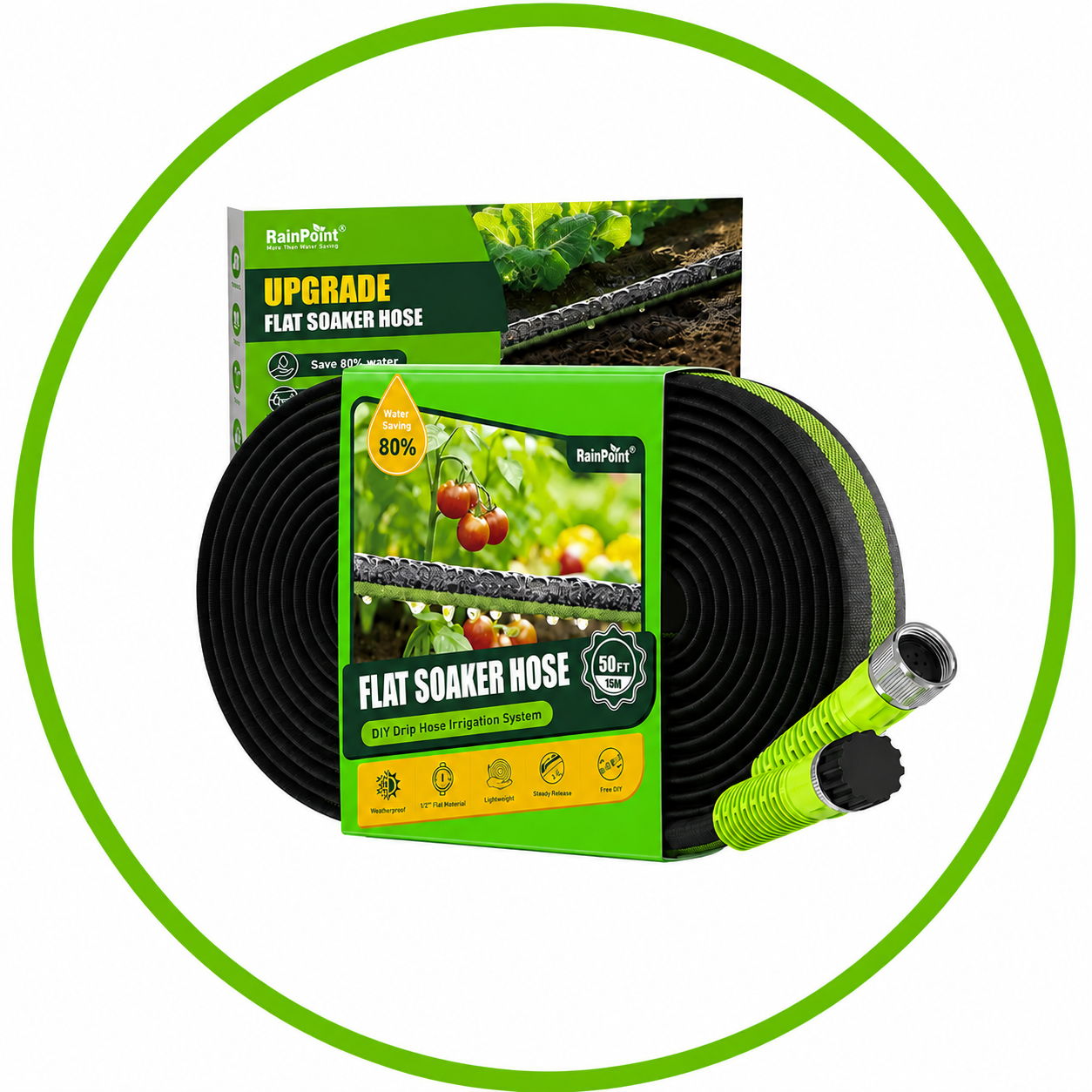 Flat soaker hose kit with packaging and accessories for gardening.