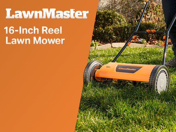 LawnMaster 16-Inch Reel Lawn Mower on grass.