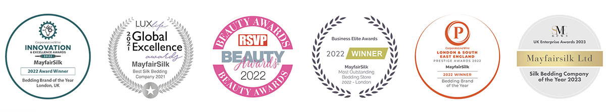Logos of 6 consumer awards that have awarded Mayfairsilk with top honours. The awards are: Best bedding brand of the year, best silk bedding company, RSVP beauty awards most outstanding bedding store, silk bedding company of the year