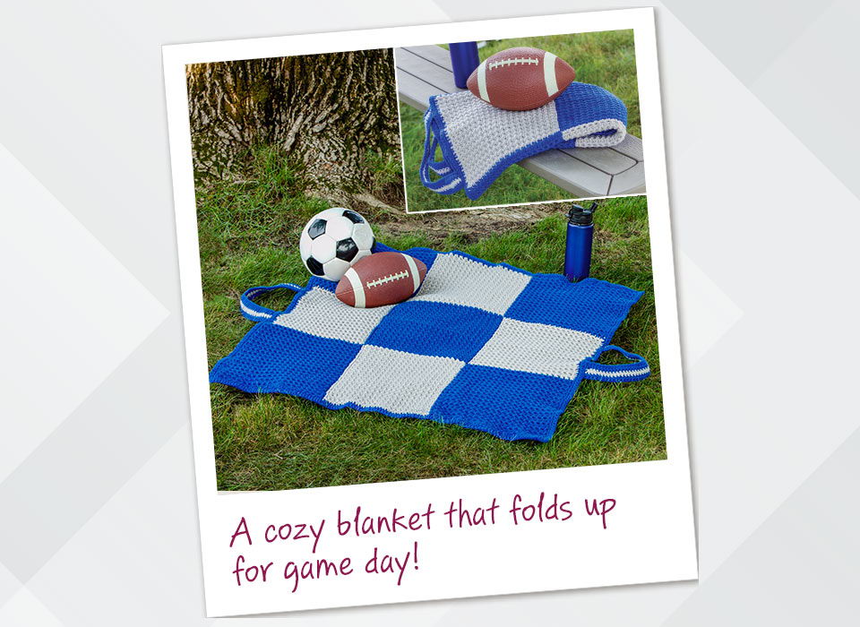 A cozy blanket that folds up for game day! Blue and white checkered crocheted blanket.