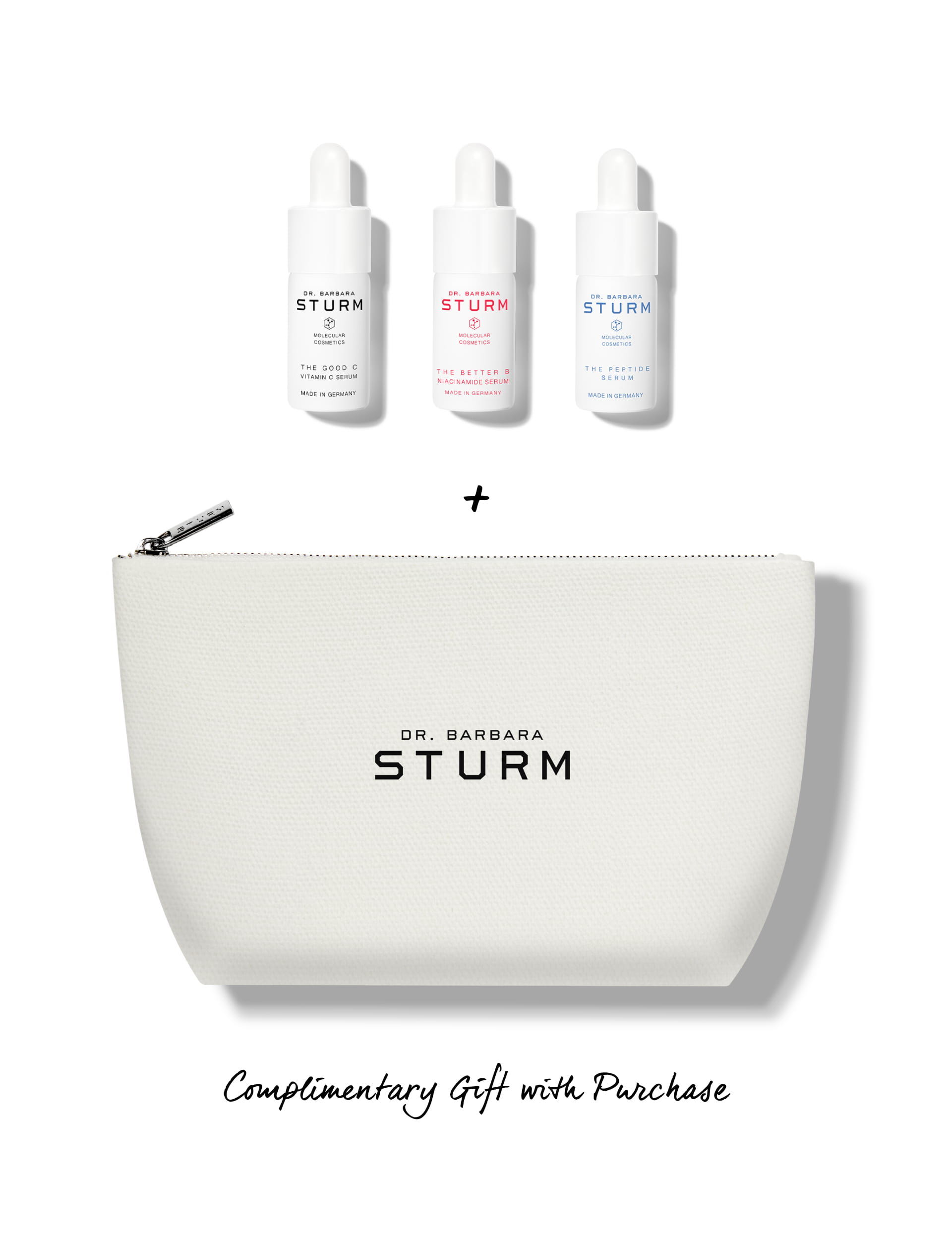 Three skincare bottles and a white pouch with 