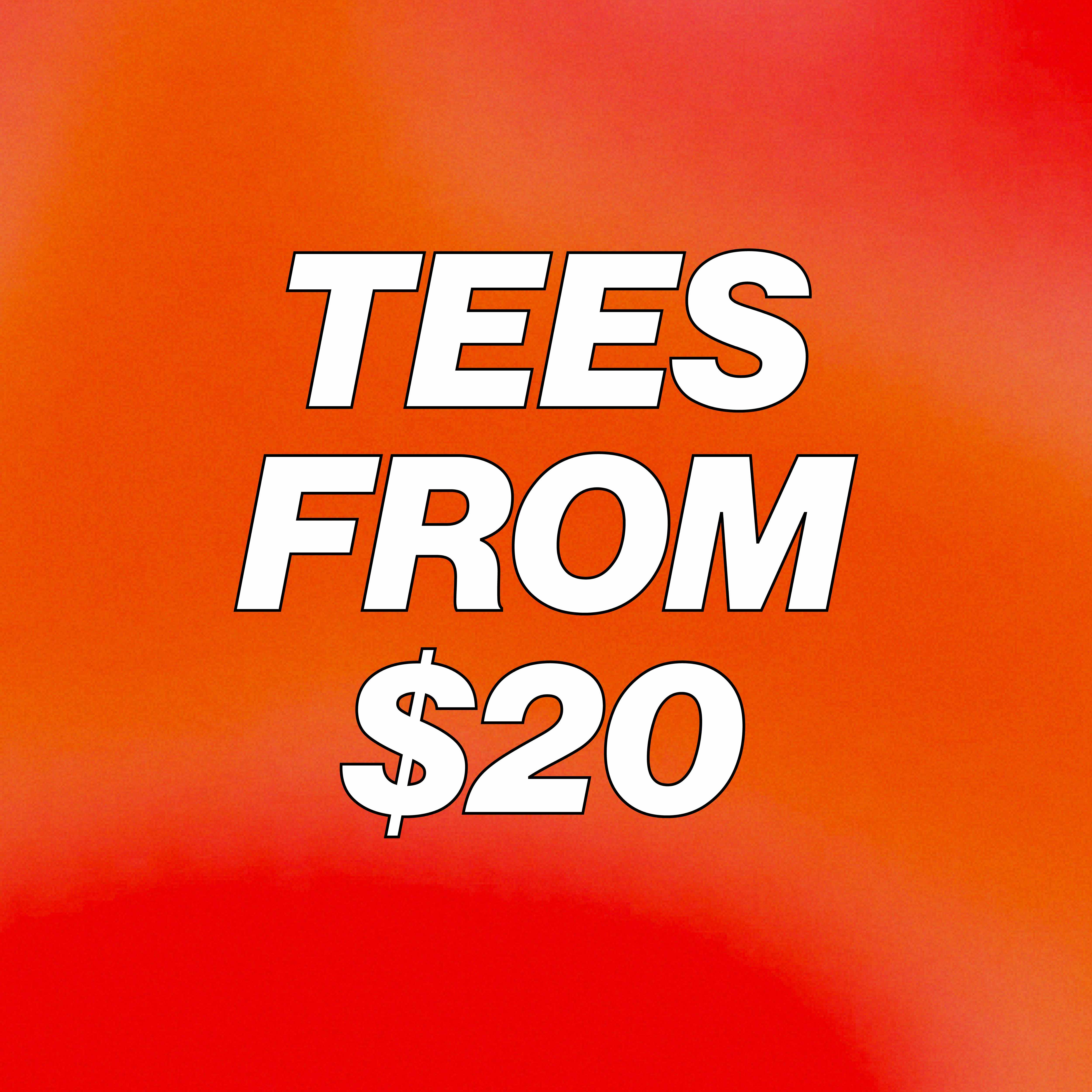 Tees from $20 on a colorful background.