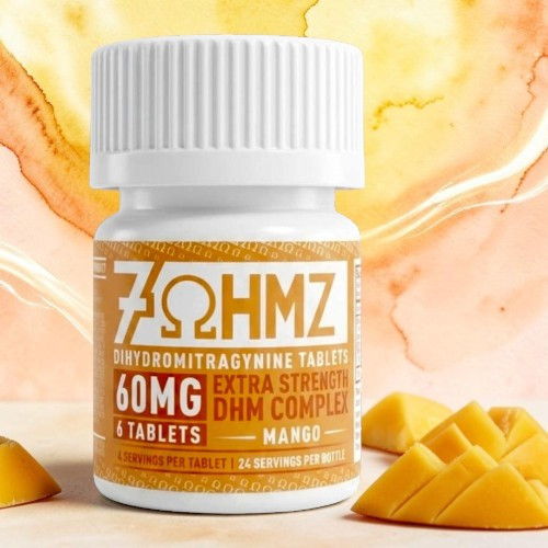 Container of 60mg DHM complex tablets with mango flavor.
