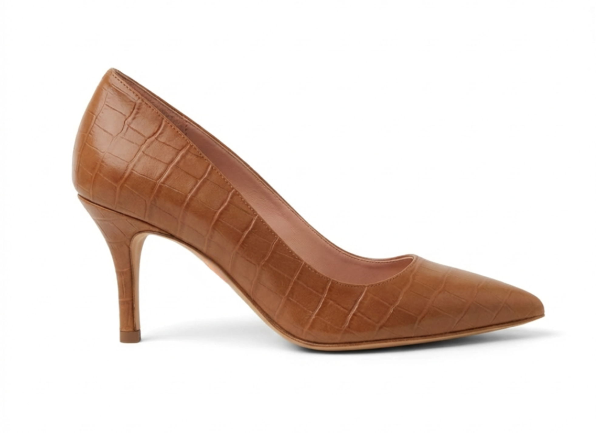 Brown high-heeled shoe with a pointed toe and textured design.