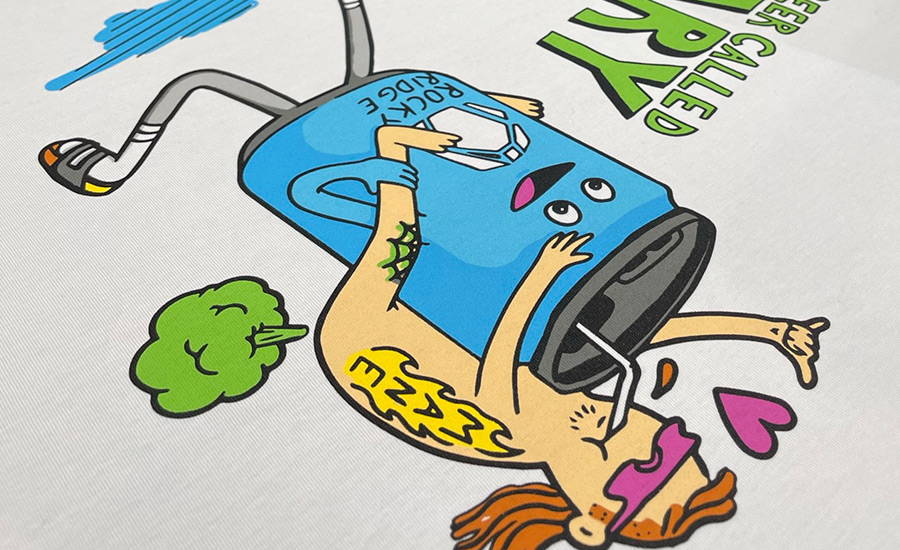 A spot colour screen printed cartoon on a white shirt, of a naked flesh tone man wearing pink sunglasses being piggy backed a giant smiling blue rocky ridge beer can by the artist david the robot. The man is holding up the shaka sign with his right hand, has mane tattoed in yellow on his side, a spiderweb tattor on his knee and is farting a green cloud behind.