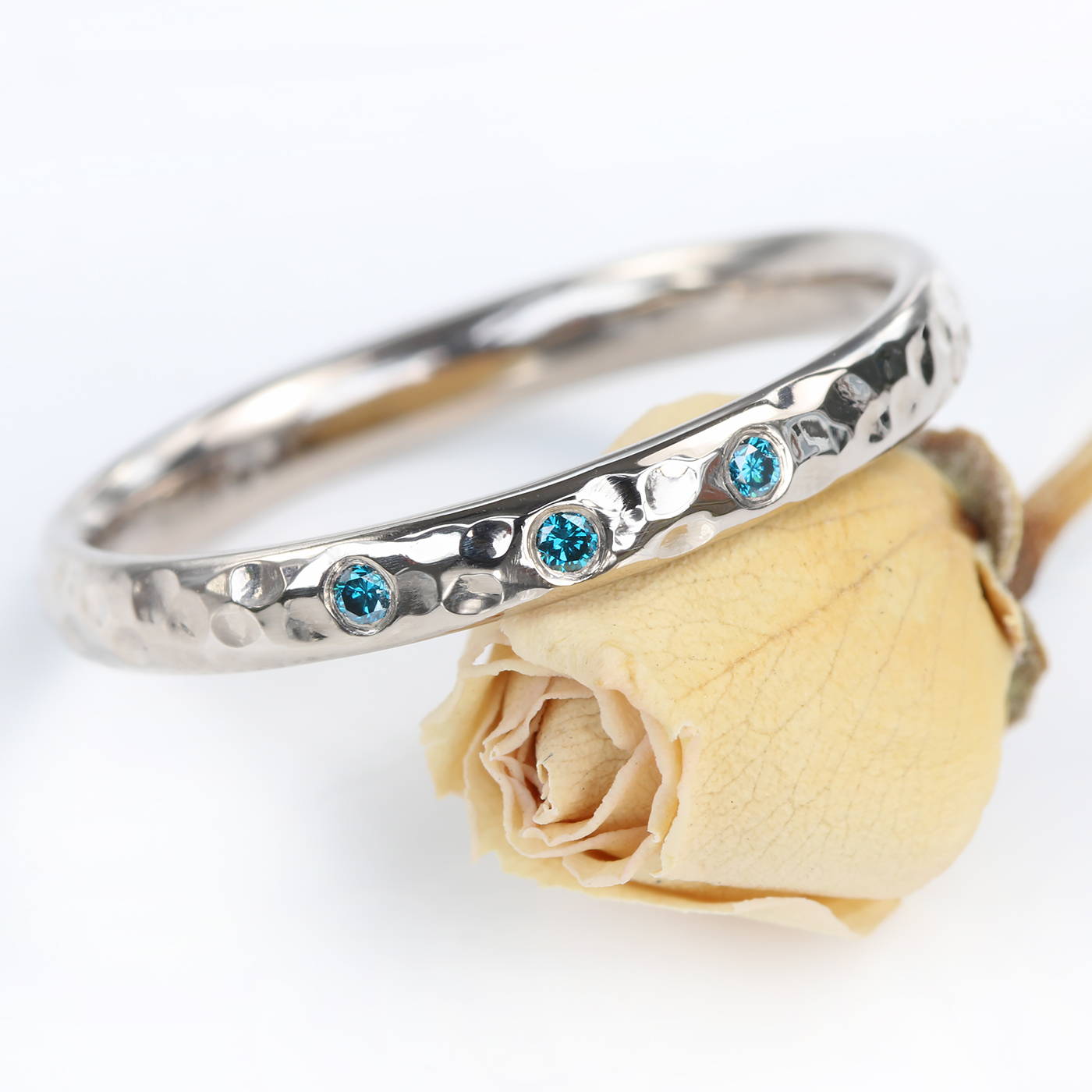 Blue Diamond Hammered Wedding Ring