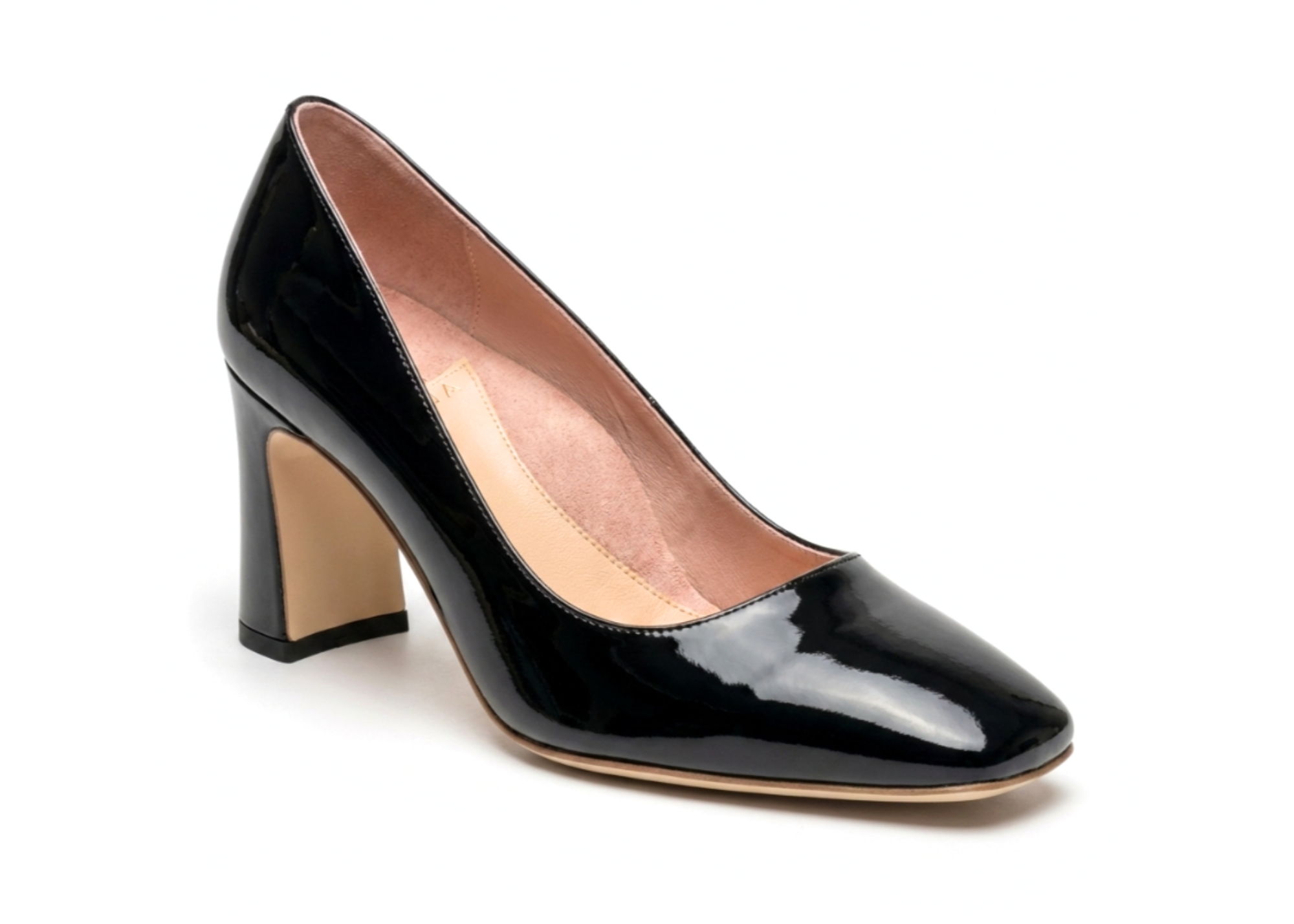 Black patent leather high heel shoe with a block heel.