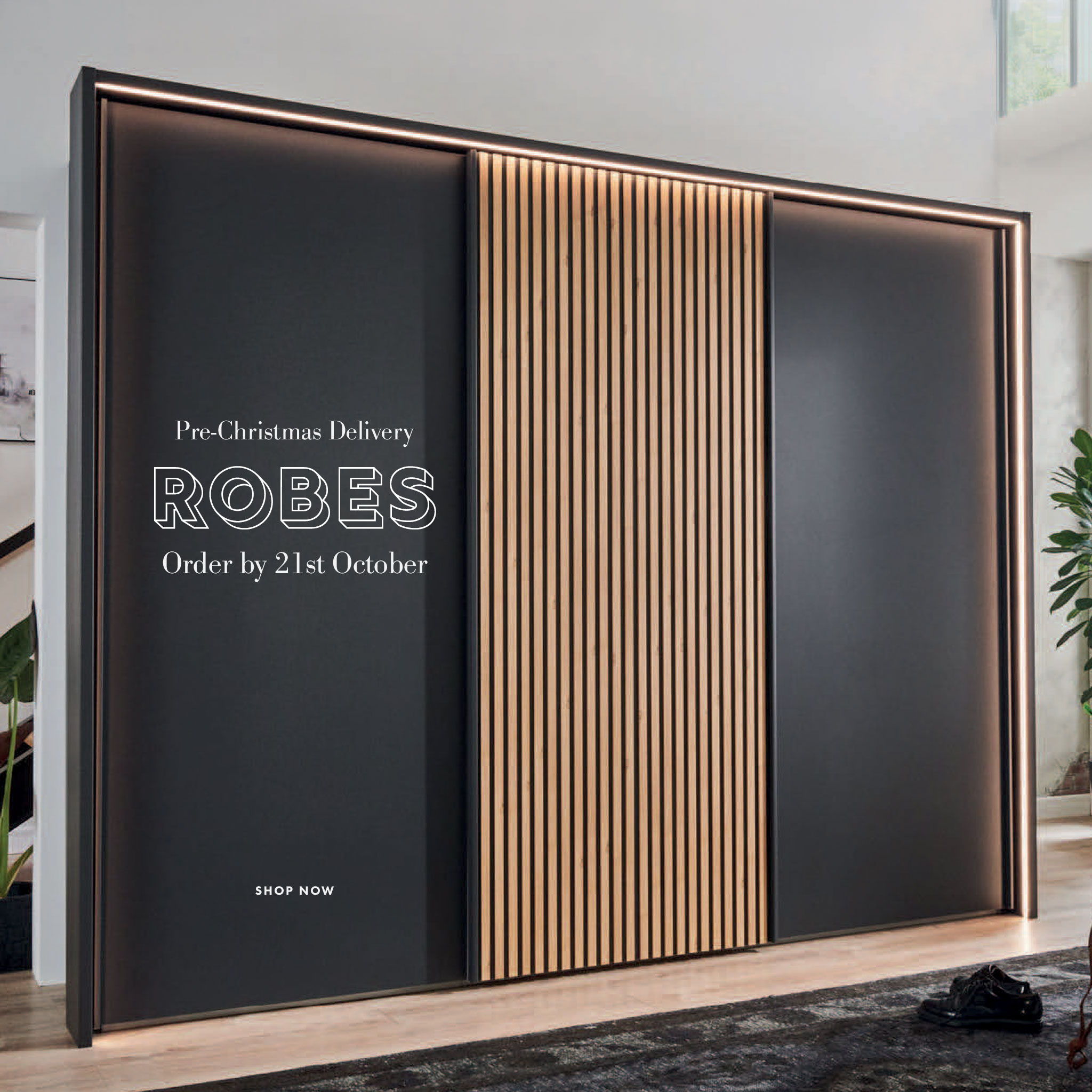 Modern wardrobe design featuring wooden slats and dark panels, text included.