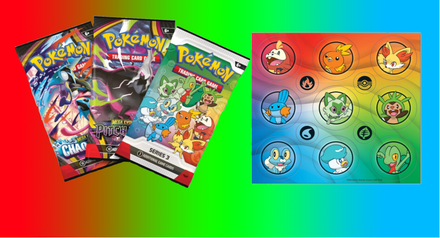 Pokemon first partners illustration collection series 3 - Three Pokémon trading card packs and a colorful Pokémon character chart.