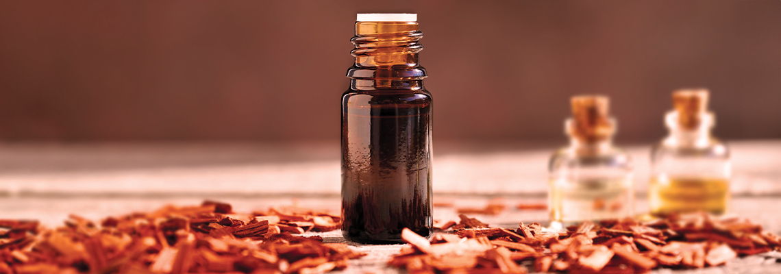 A bottle of dark liquid surrounded by dried leaves and smaller glass vials.