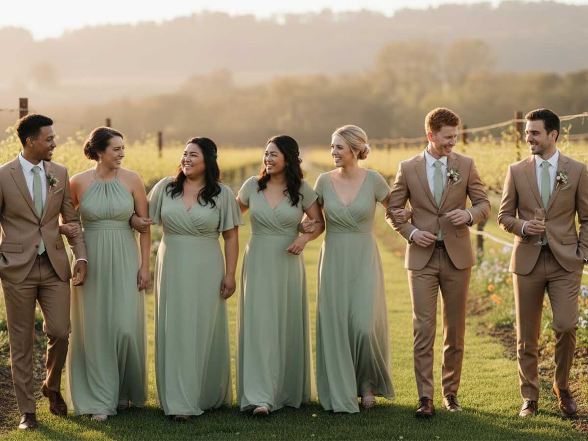 Group of bridesmaids and groomsmen matching in sage dresses and ties