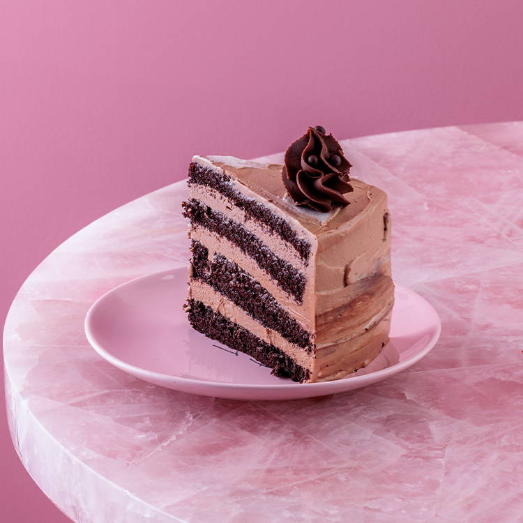 Chocolate ganache cake slice on pink plate
