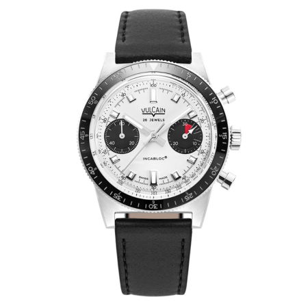 Silver chronograph watch with black leather strap and white dial.