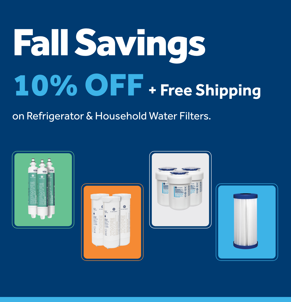 Promotional graphic for water filters with discount and free shipping details.