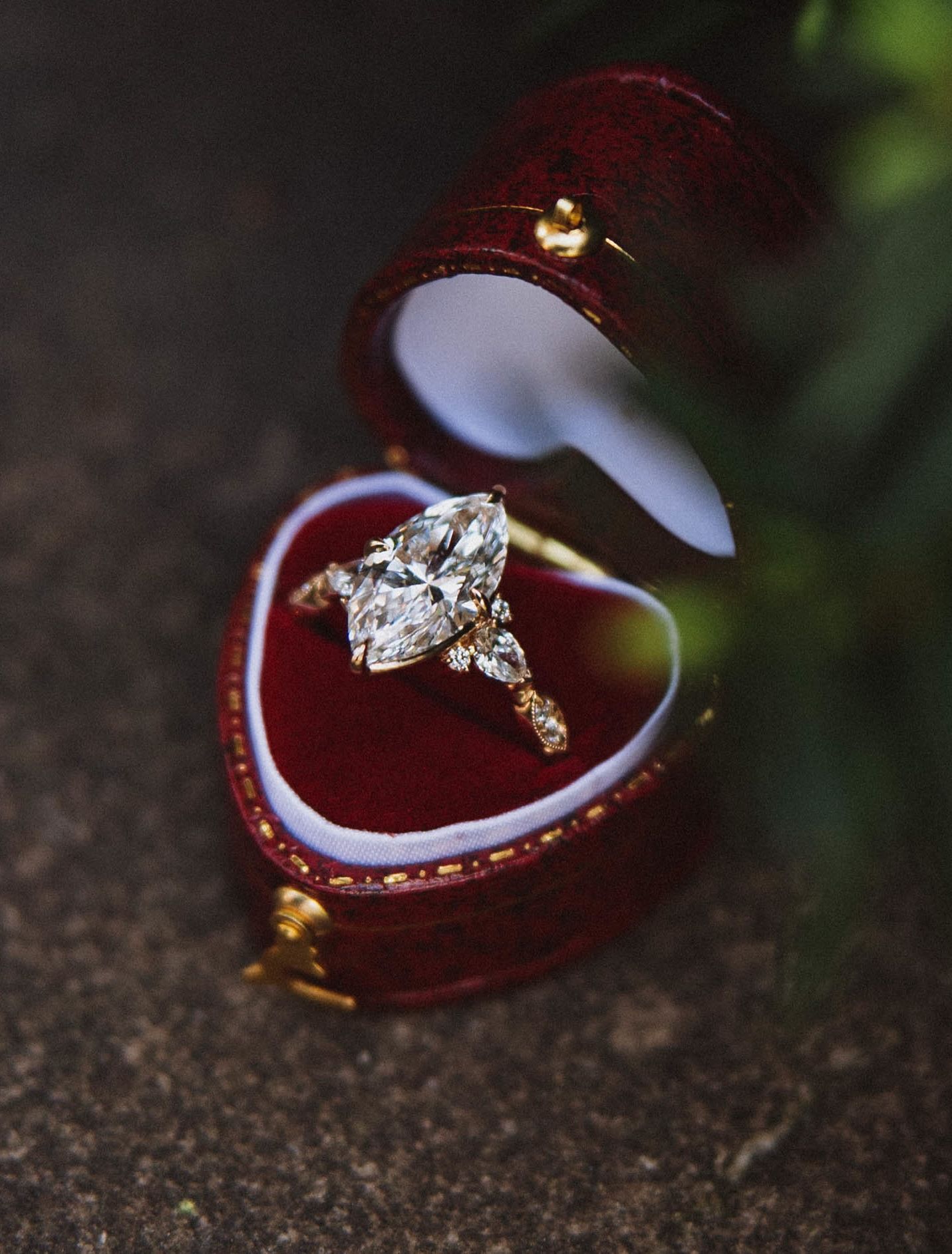 ken & dana design jinny marquise diamond engagement ring in burgundy heart ring box
