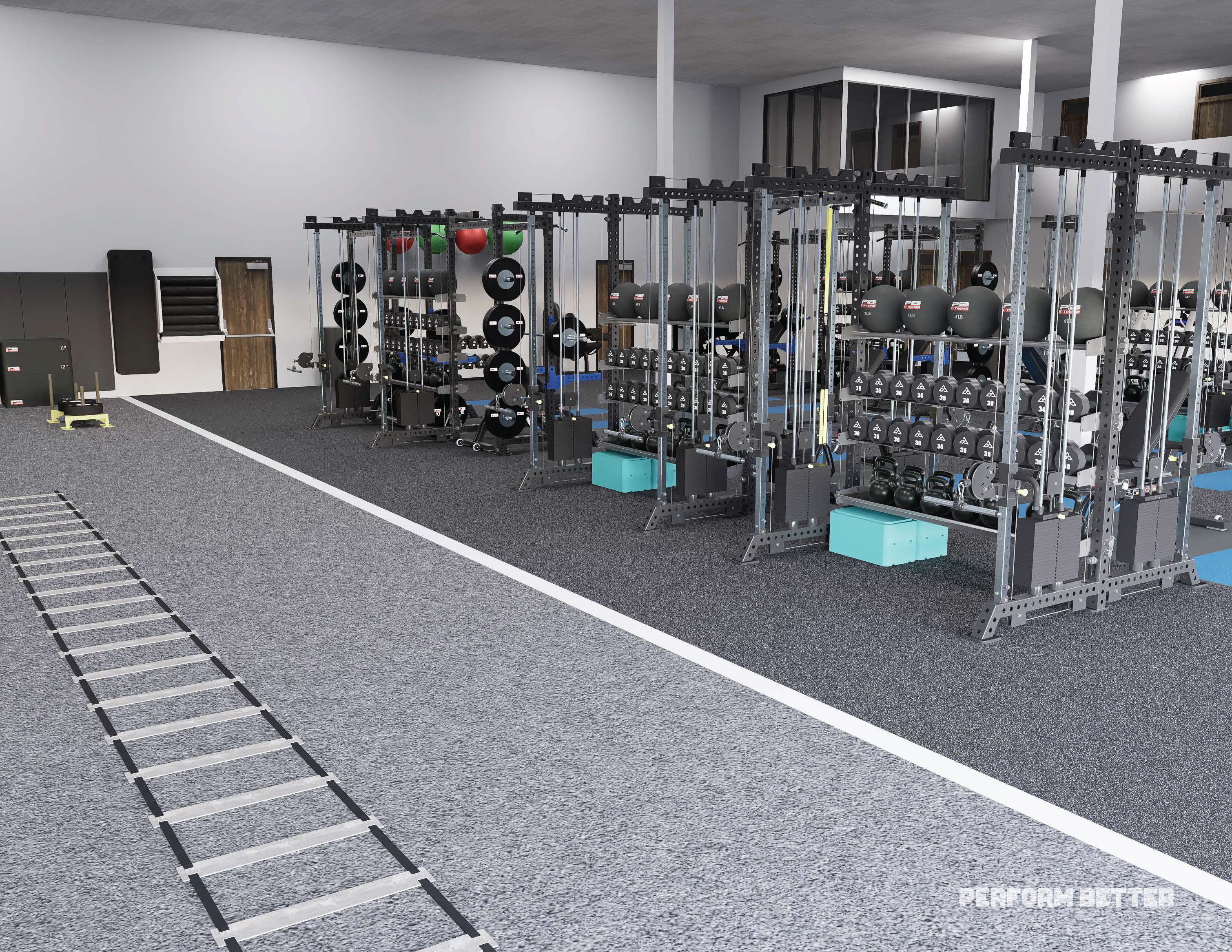 Gym interior with weight equipment and training area.